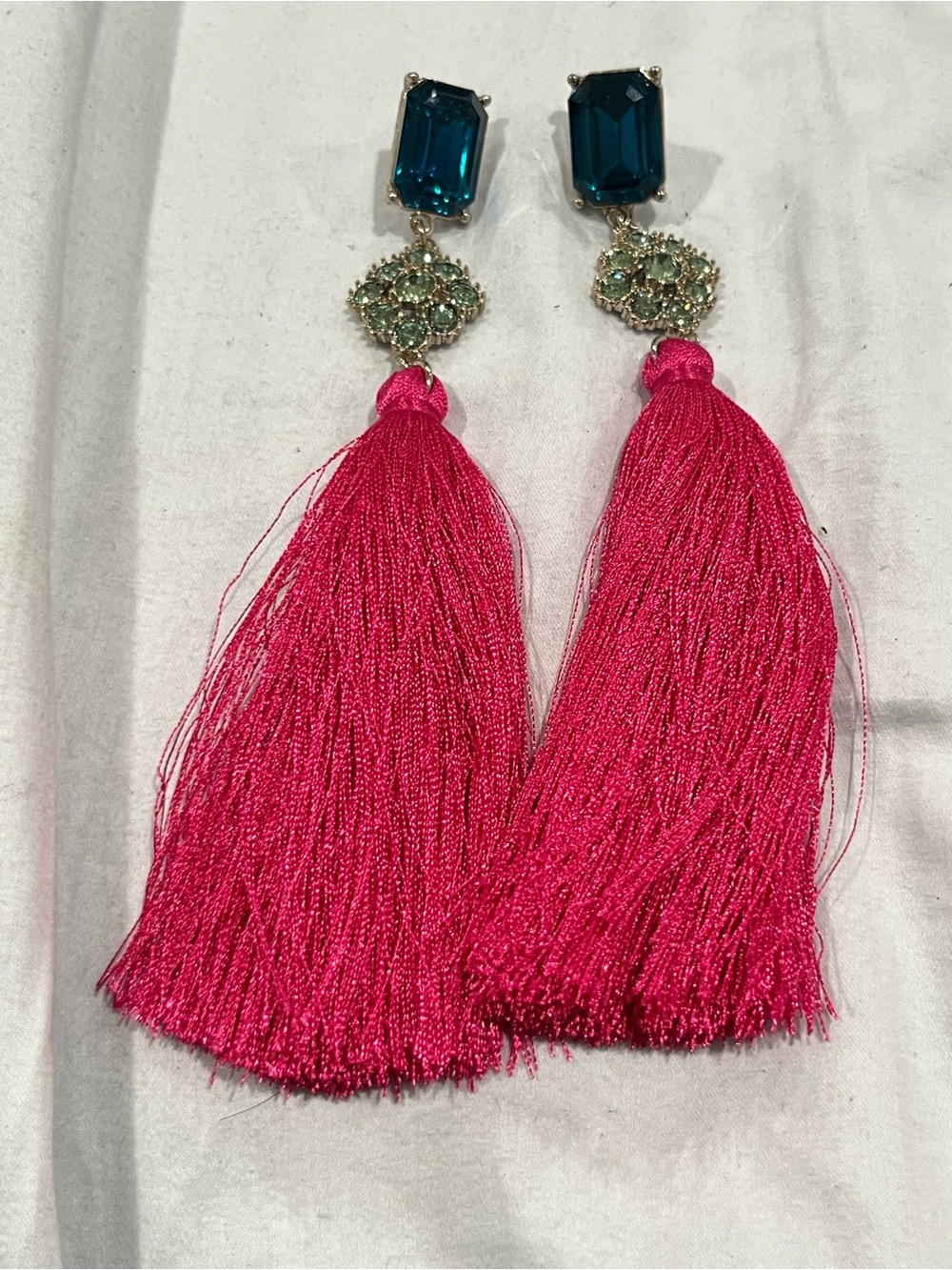 Bright Pink Tassel Drop Earrings with Teal Crystal Accents New Never Worn